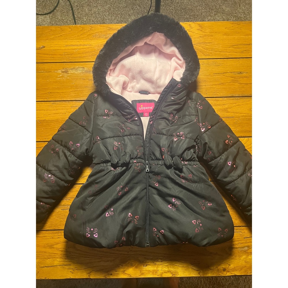 Wippette Kids Black Pink Metallic Cat Puffer Jacket Faux Fur Hood 5/6